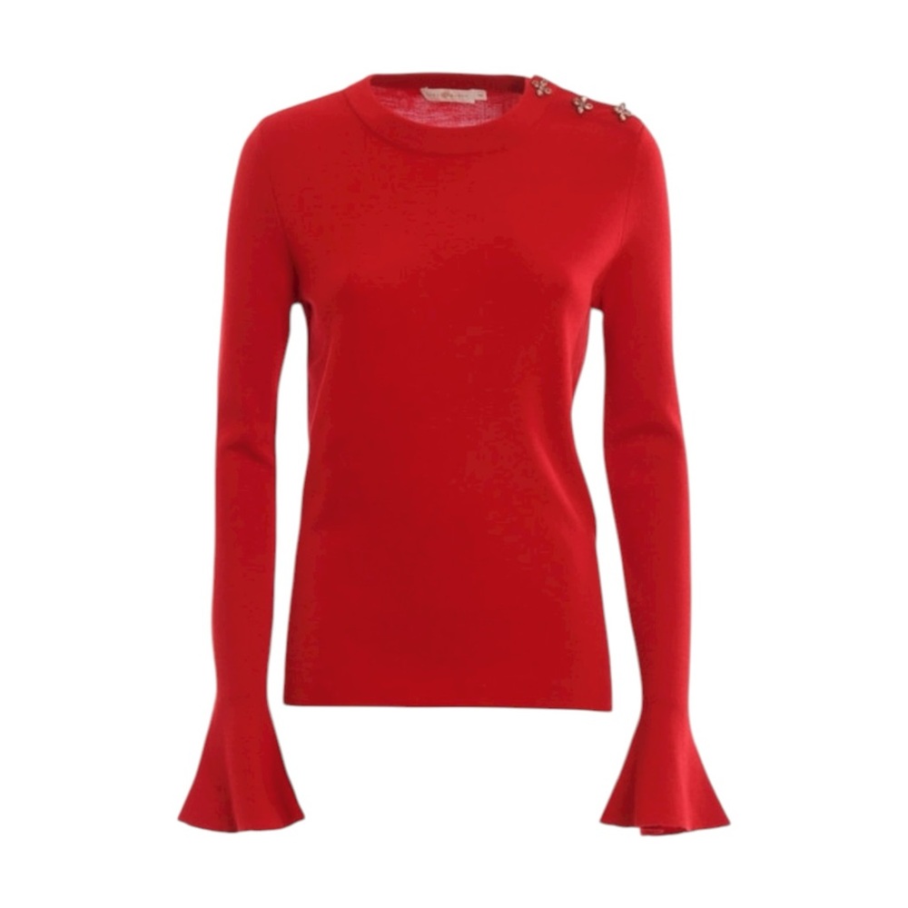 Tory Burch 100% Merino‎ Wool Jewel Button Sweater Bell Sleeves Sz SP Holiday